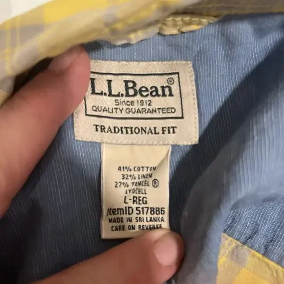 LL Bean Shirt Men's XXL Button Up Yellow Plaid Short Sleeve Linen Cotton Preppy - Picture 4 of 11